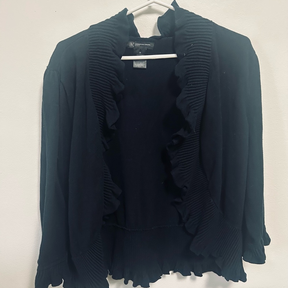 INC Women's Black Ruffled Cardigan 100% Cotton. 3/4 Sleeve Size 2XL